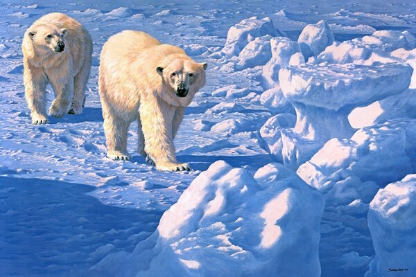 Un par de osos polares caminando en la nieve