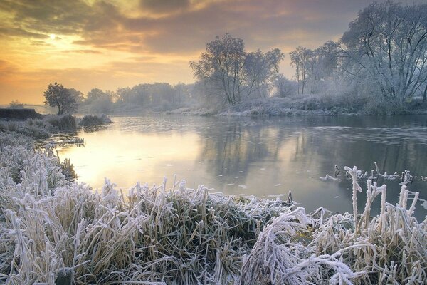 Winter lake in hoarfrost