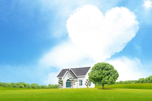 Una casa en un césped verde y un cielo con una nube en forma de corazón