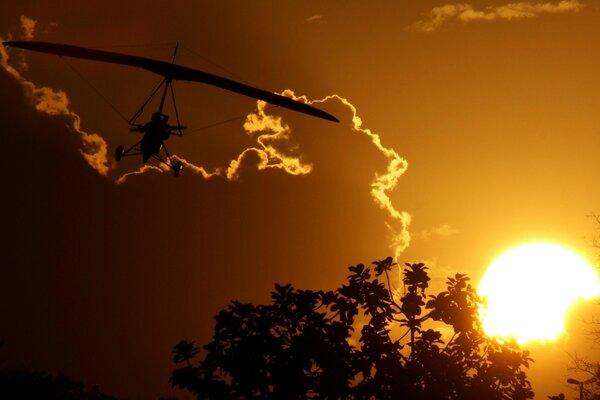 Silhouette of an airplane under the golden sun