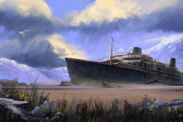 An abandoned ship in the sands under a sky with clouds