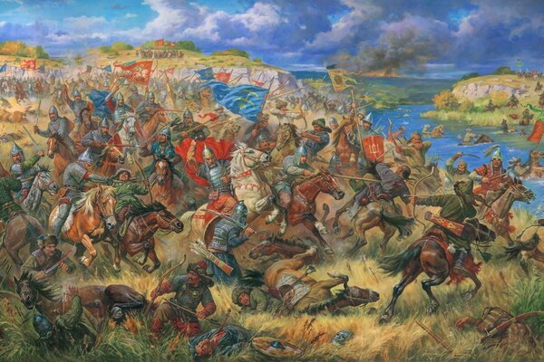 Pintura que representa la batalla en el río