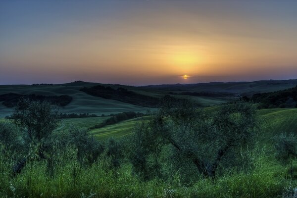 Sonnenuntergang über der italienischen grünen Ebene