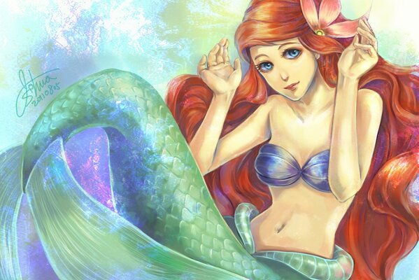 La peinture d art représente Ariel avec une fleur dans les cheveux