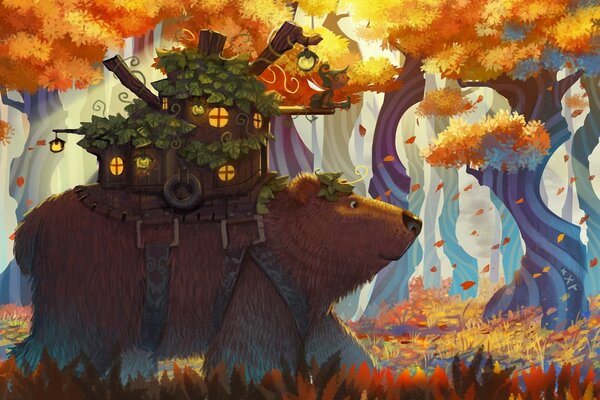 Disegno di fantasia artistica, un enorme orso che cammina attraverso la foresta autunnale e porta una casa di legno sulla schiena
