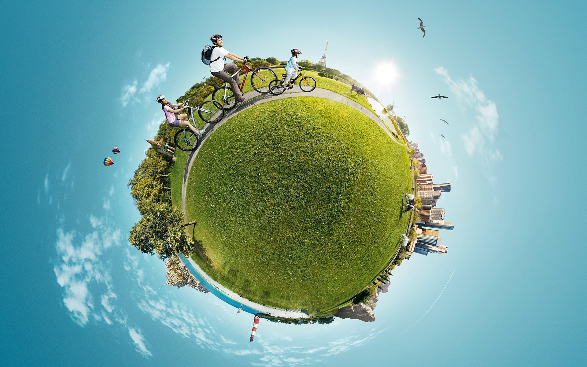 ballon panorama herbe cyclistes