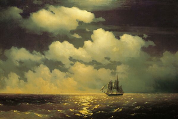 Art of the ship on the background of the Golden Sea