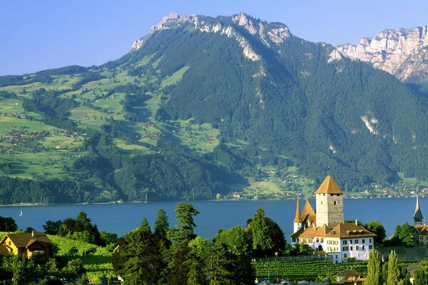Швейцарские горы, замок на берегу озера