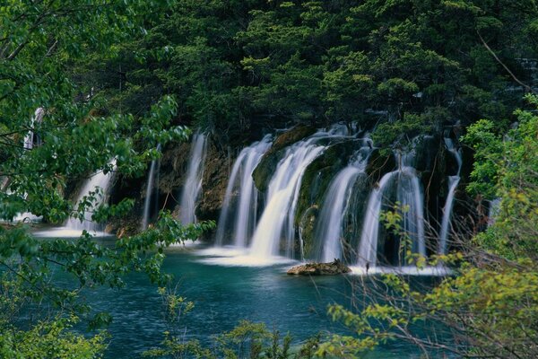 Waterfalls and a lake among lush foliage