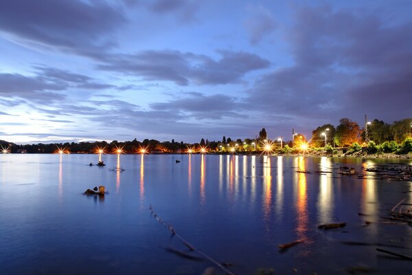 Water in the illumination of the night city