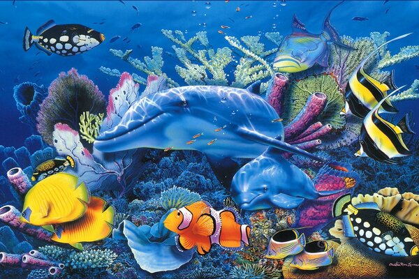 Incredible inhabitants of the seabed. Blue dolphin, colorful fish