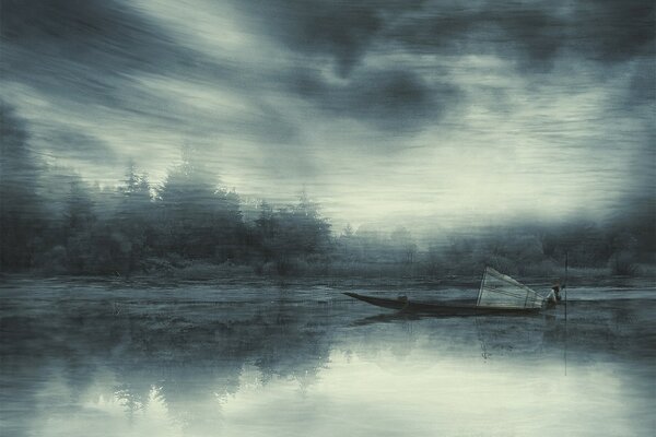 Brume, désespoir sur un terrain vague près de la rivière