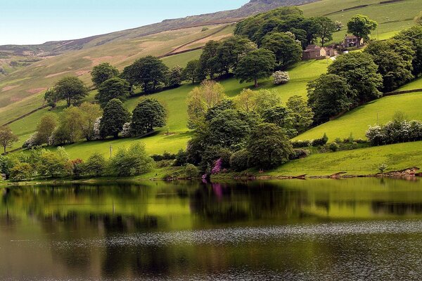 Hill with houses at the foot of the river