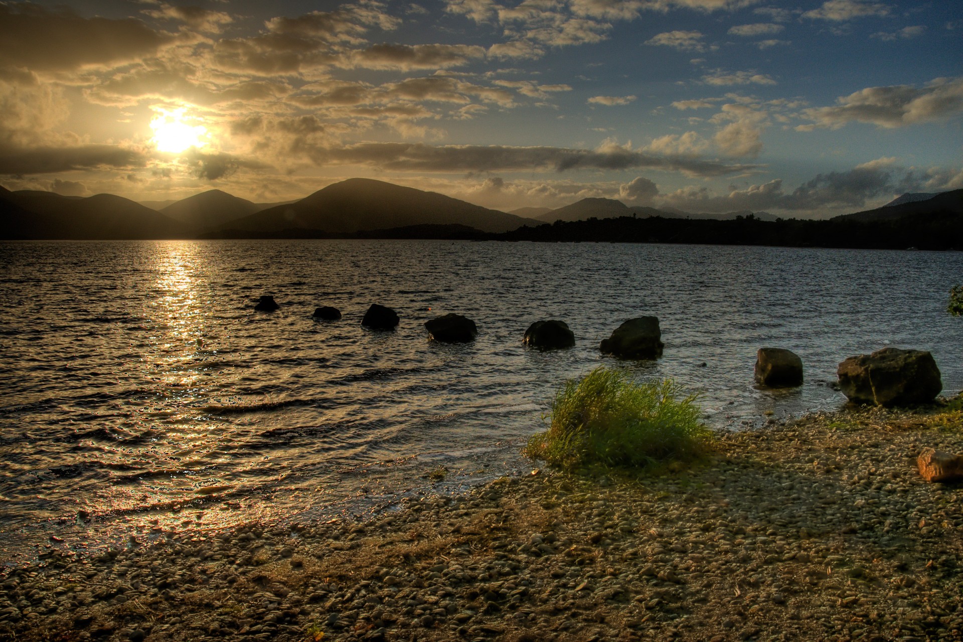 cotland sunset mountain sea stone