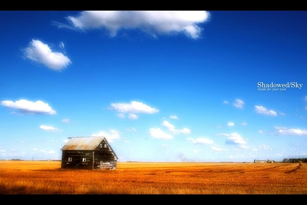 Pequeña casa en un campo bajo el cielo azul