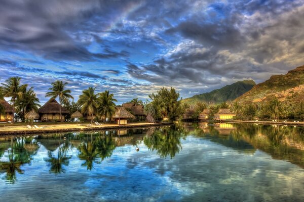 Die Reflexion von Palmen und Wolken im Fluss