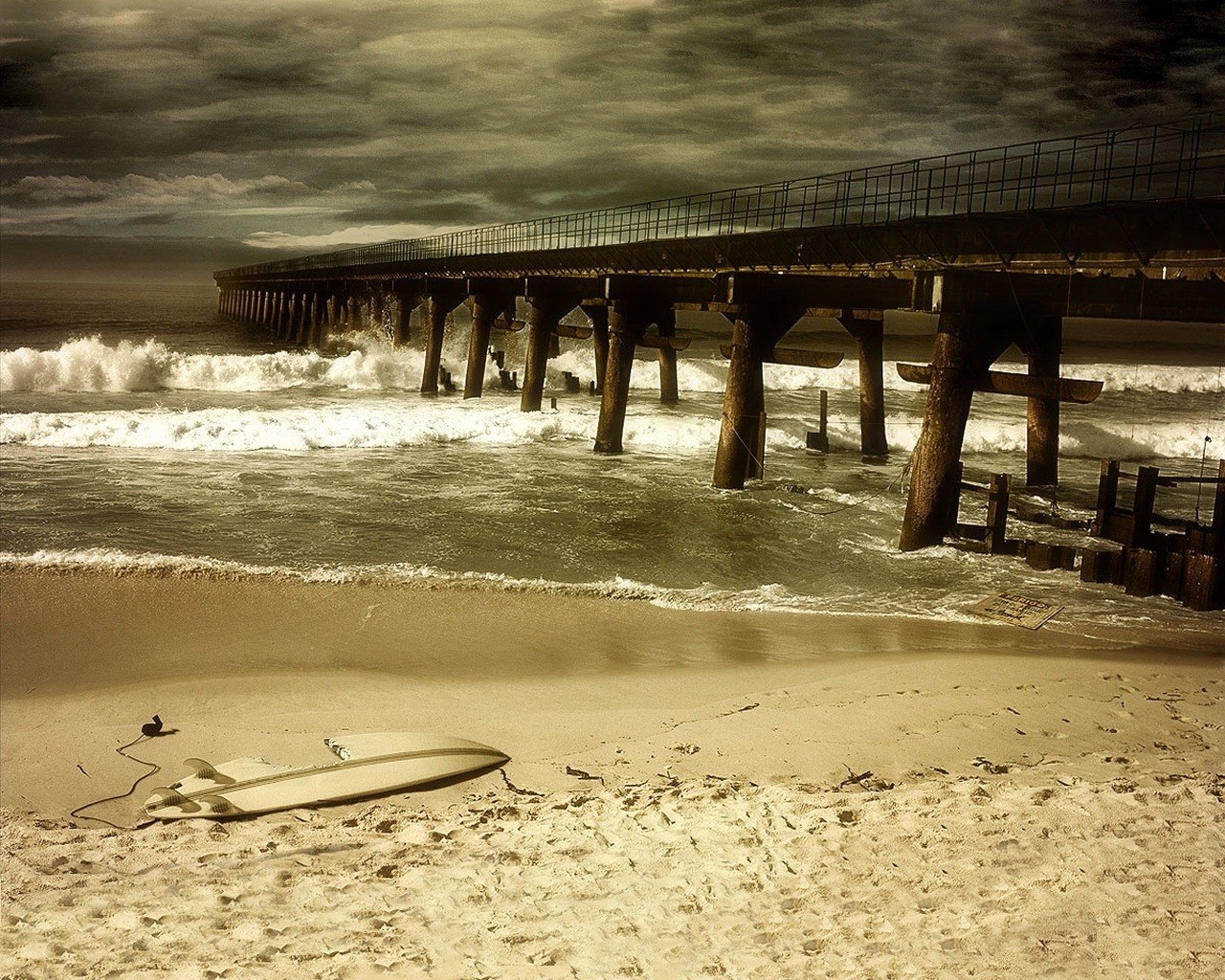 broken sea beach sand waves clouds the storm storm bridge emptine