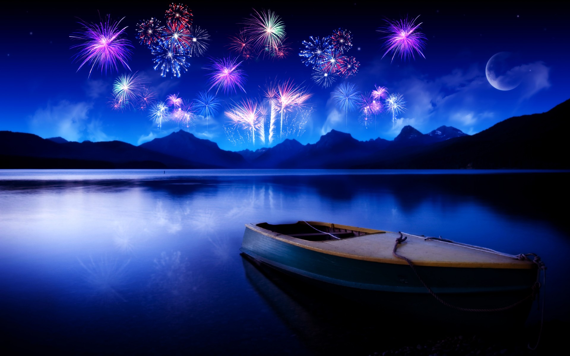 bateau feux d artifice lac montagnes nuit réflexion ciel lune eau