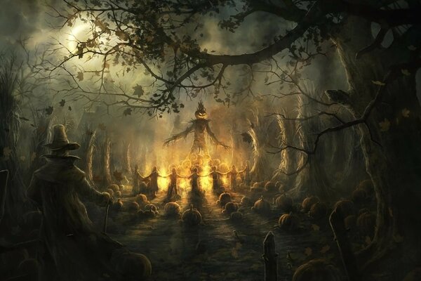 Pumpkin Man in a creepy forest