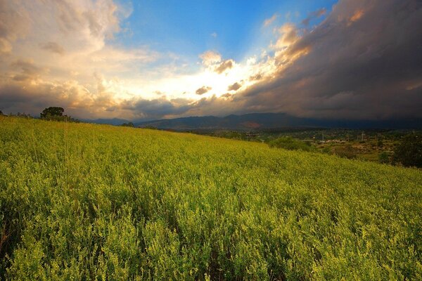 Imagen puesta del sol sobre el campo