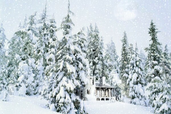 Ein Haus im Wald im Schnee in der Wildnis