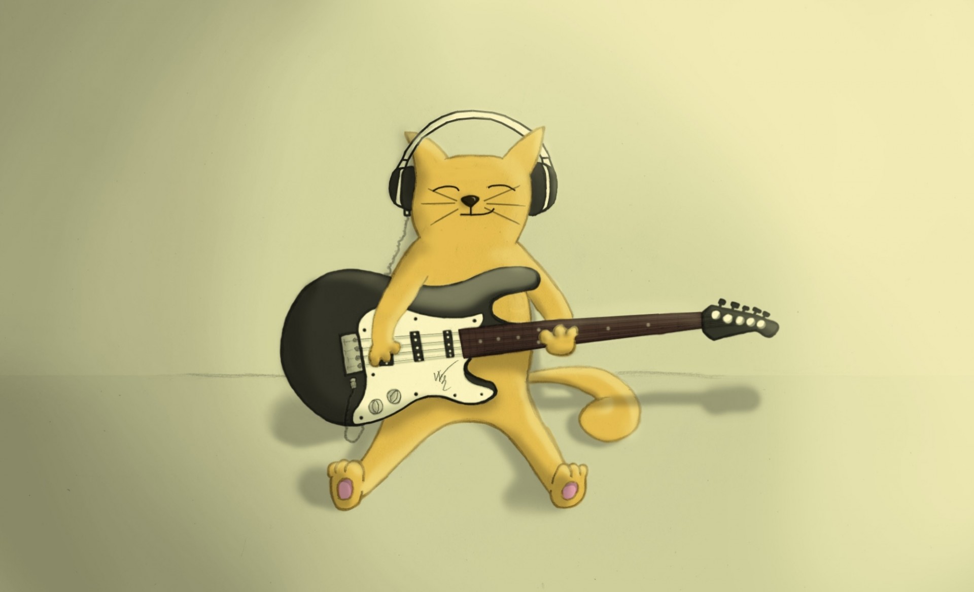 guitarra sonrisa juega auriculares gato