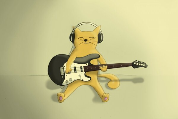 Нарисованный кот гитарист в наушниках 