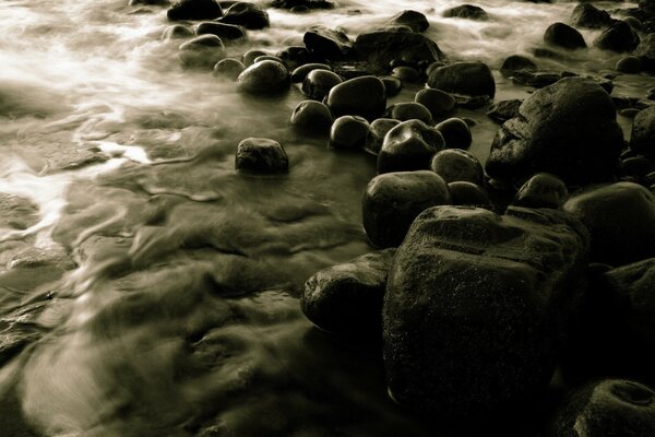 Black and white photo of the river and stones