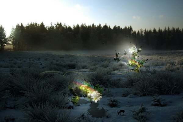 Ein kleines Reh unter dem Schnee am Waldrand