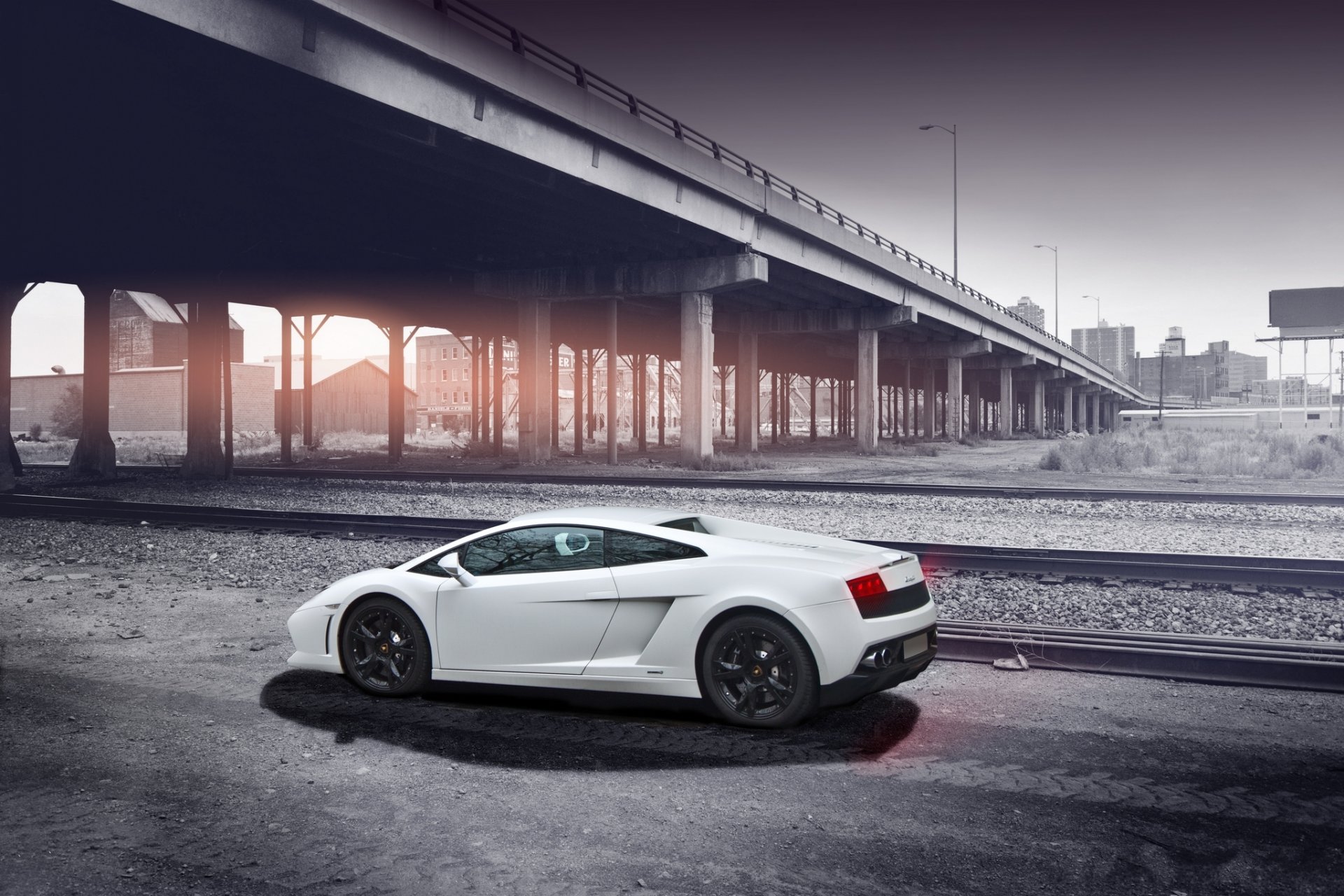 lamborghini gallardo lp560-4 white bridge lamborghini gallardo side view road shadow sky