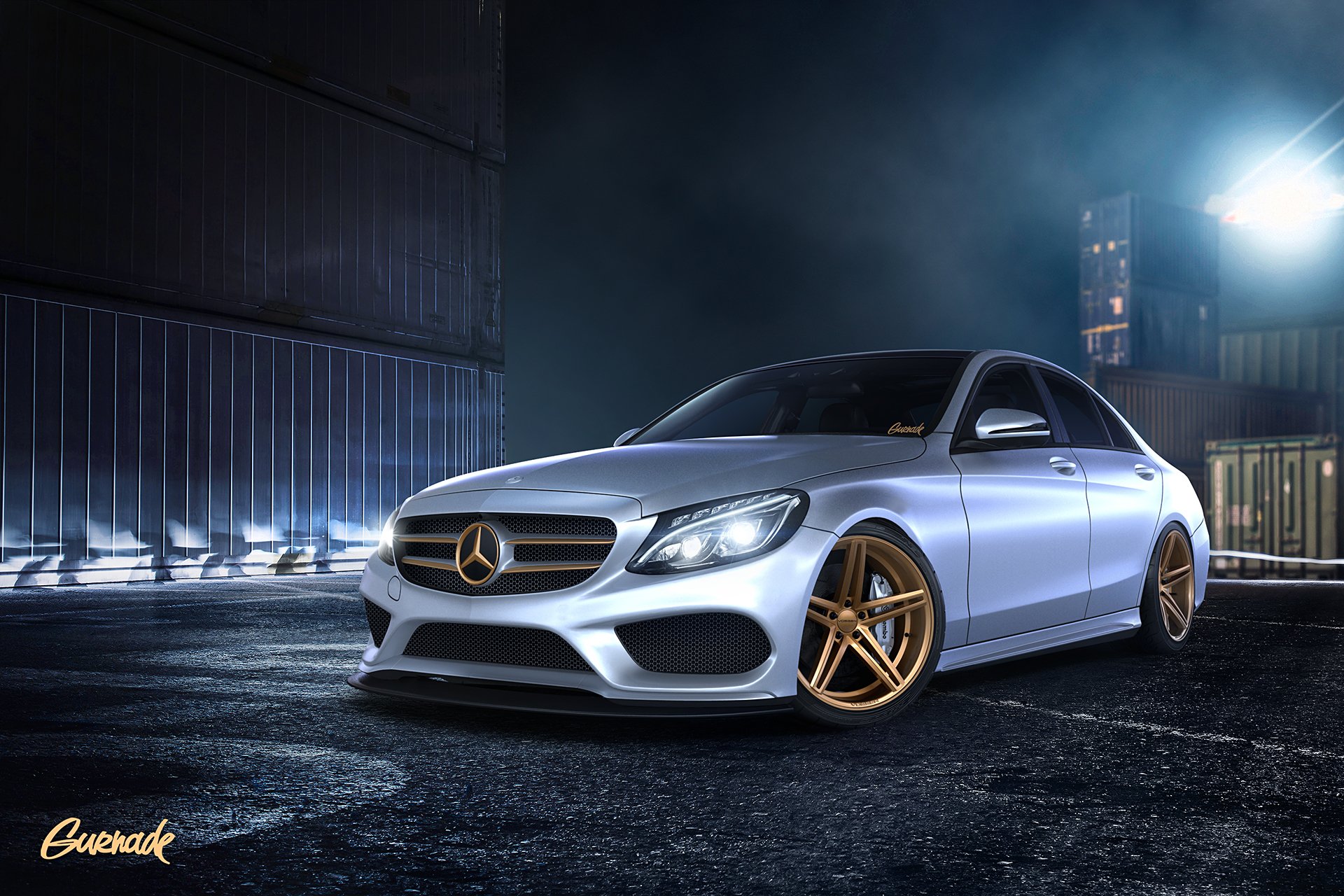 mercedes-benz clase c por gurnade frente mercedes benz contenedores noche