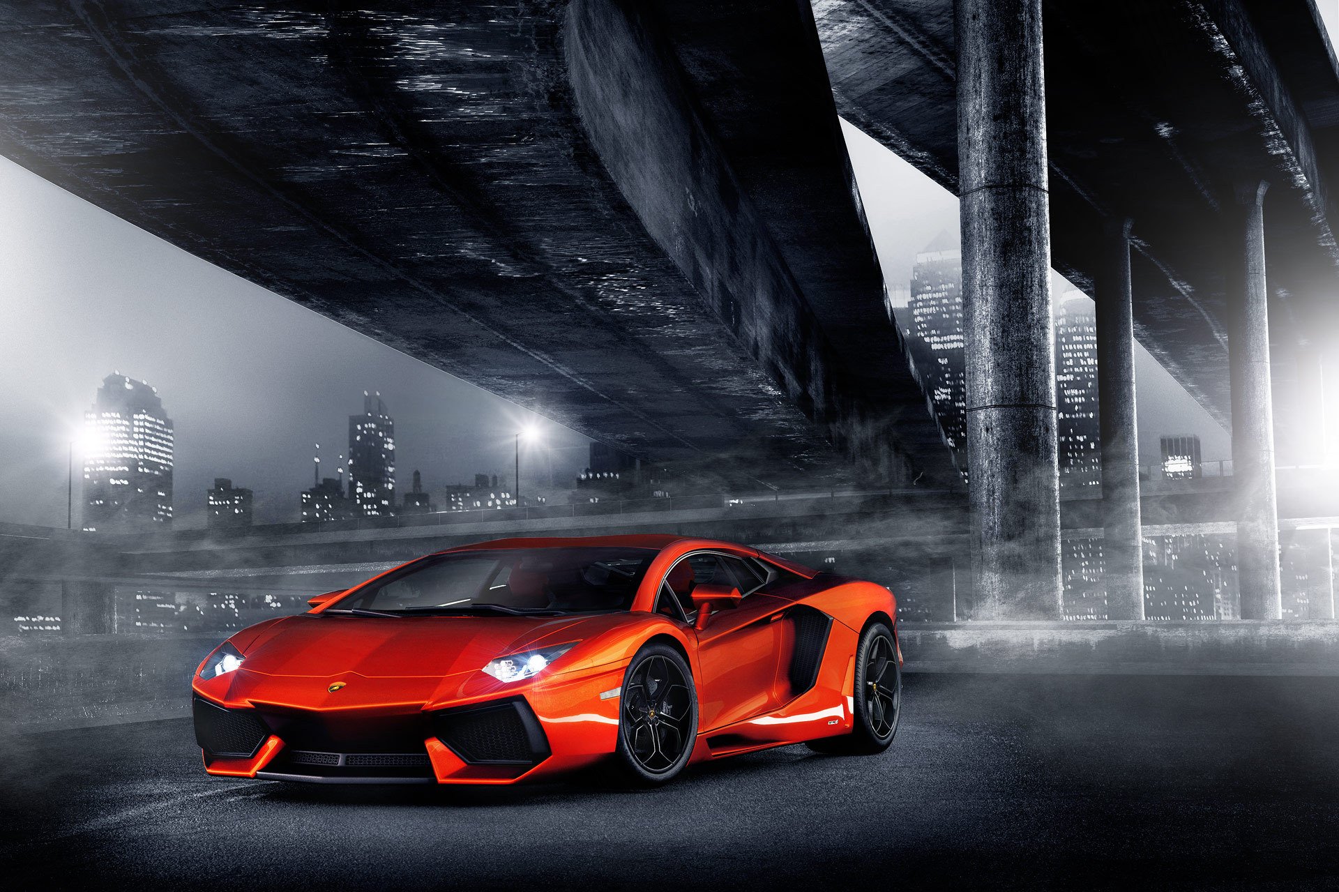 lamborghini aventador lp700-4 orange lamborghini aventador scheinwerferlicht stadt nacht lichter brücke säulen