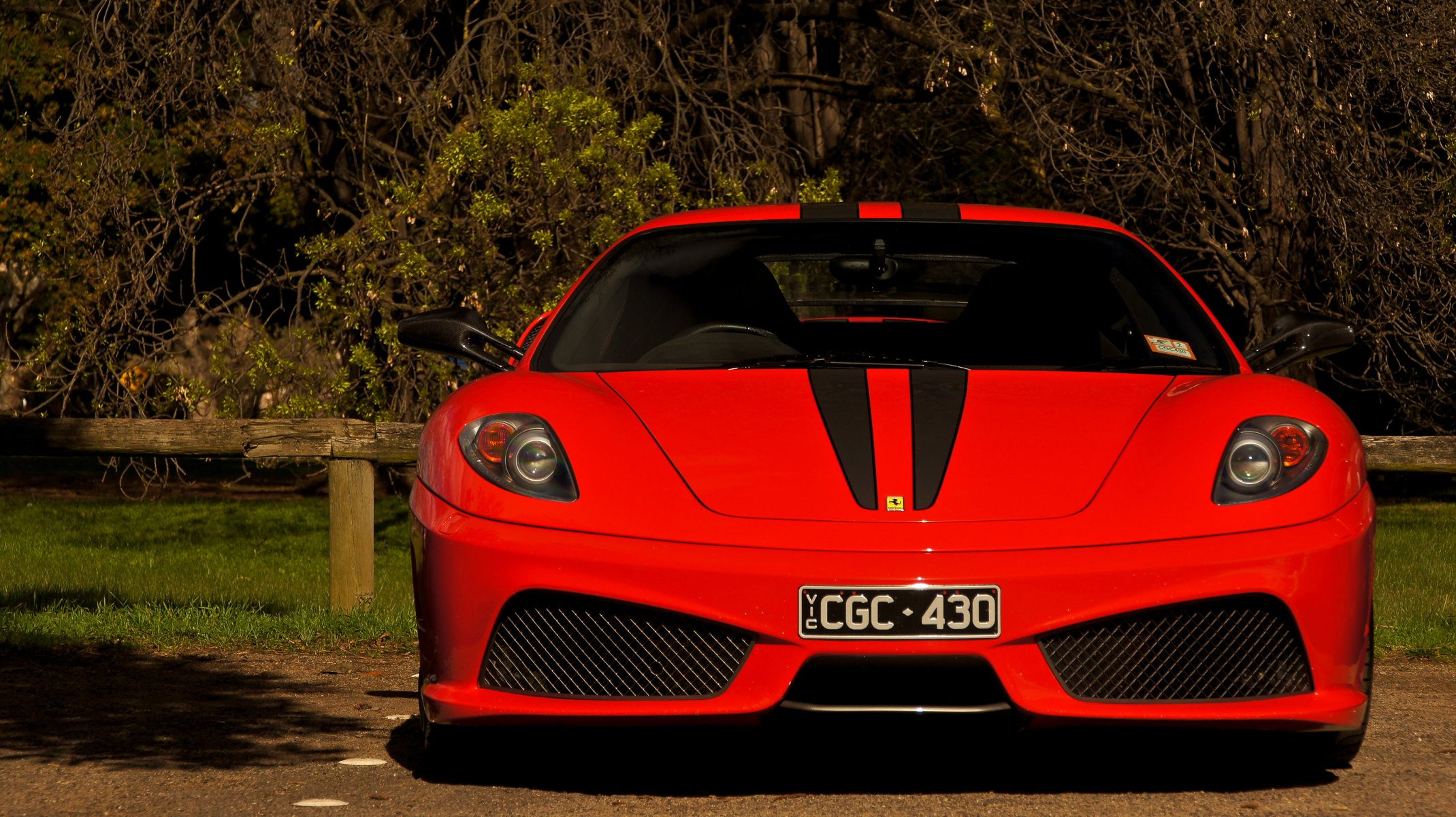 ferrari f430 scuderia red supercar front fence tree