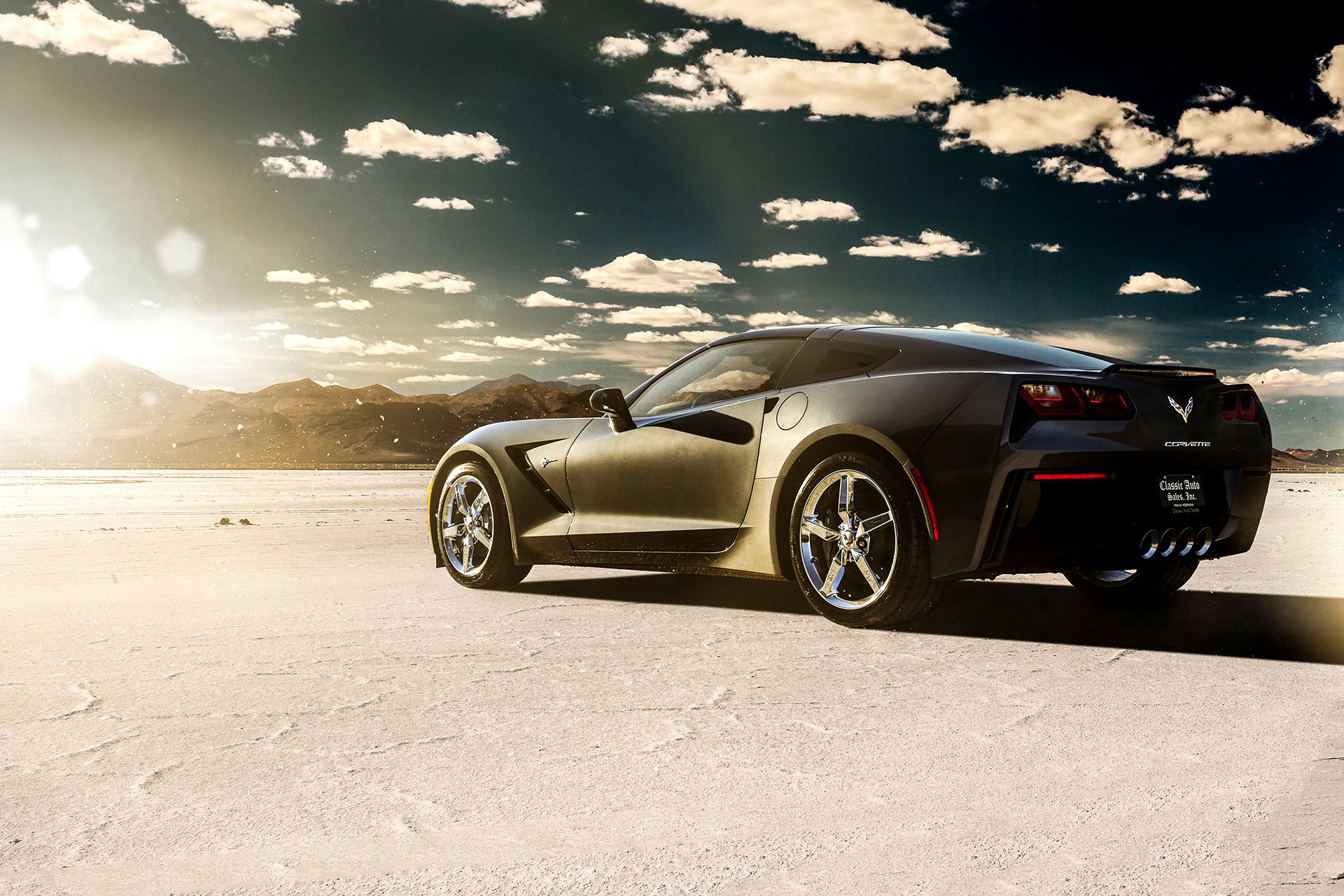 chevrolet corvette stingray coche negro trasero c7 lago desierto