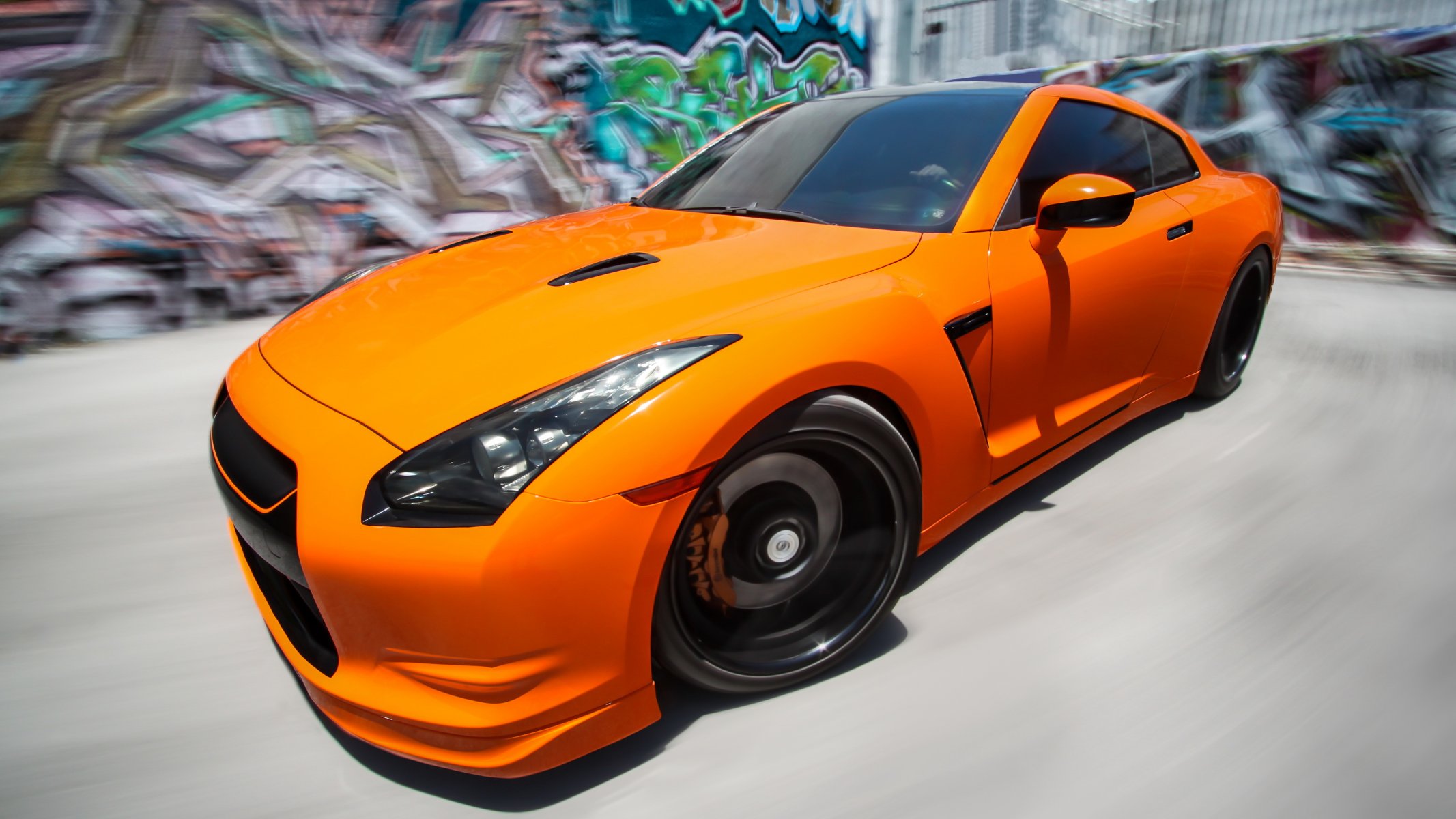 nissan rtm r35 orange tuning vitesse flou graffiti avant