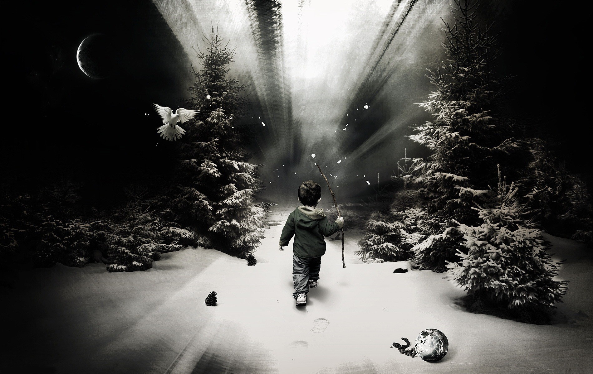 hiver enfant route noir et blanc