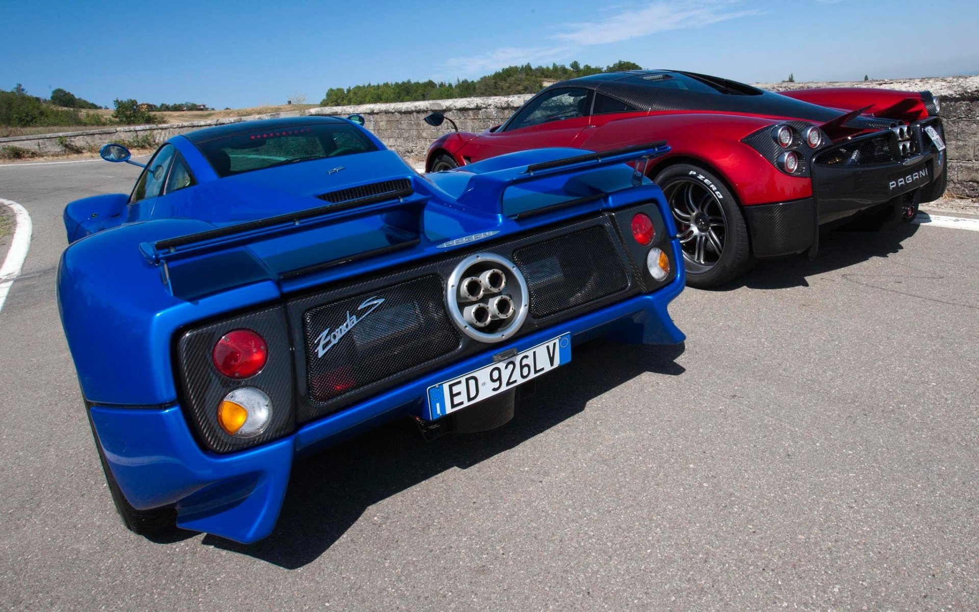 pagani zonda huayra pagani zonda huayra supercars red blue rear view sky