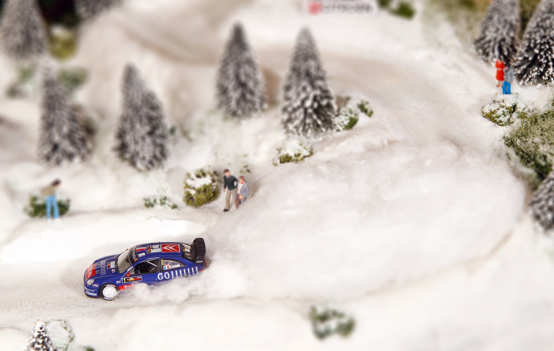 citroen c 4 wrc diorama maqueta rally sebastian loeb azul invierno árboles de navidad rally