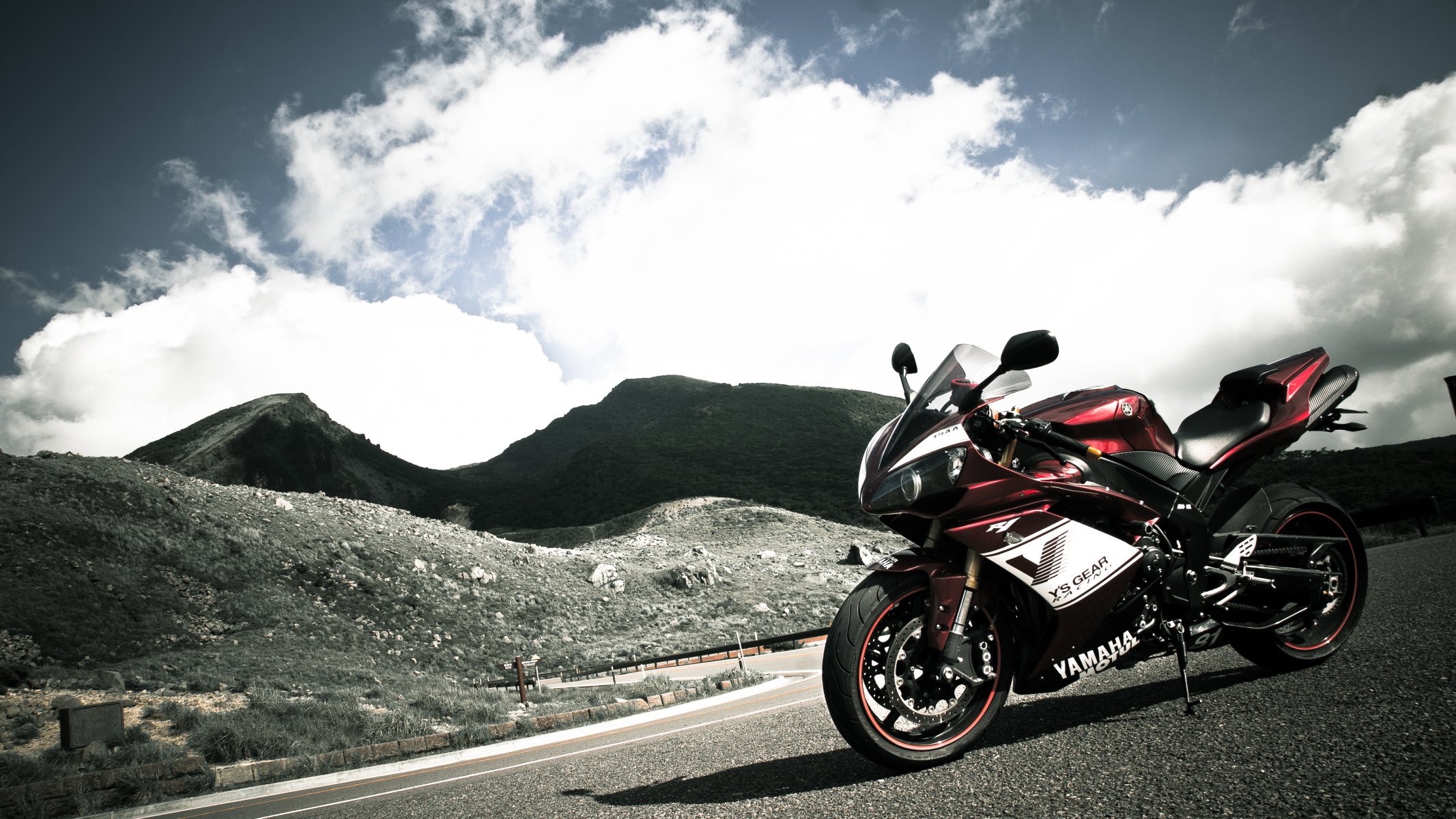 yamaha yzf-r1 red bicycle yamaha p1 motorcycle red mountains sky