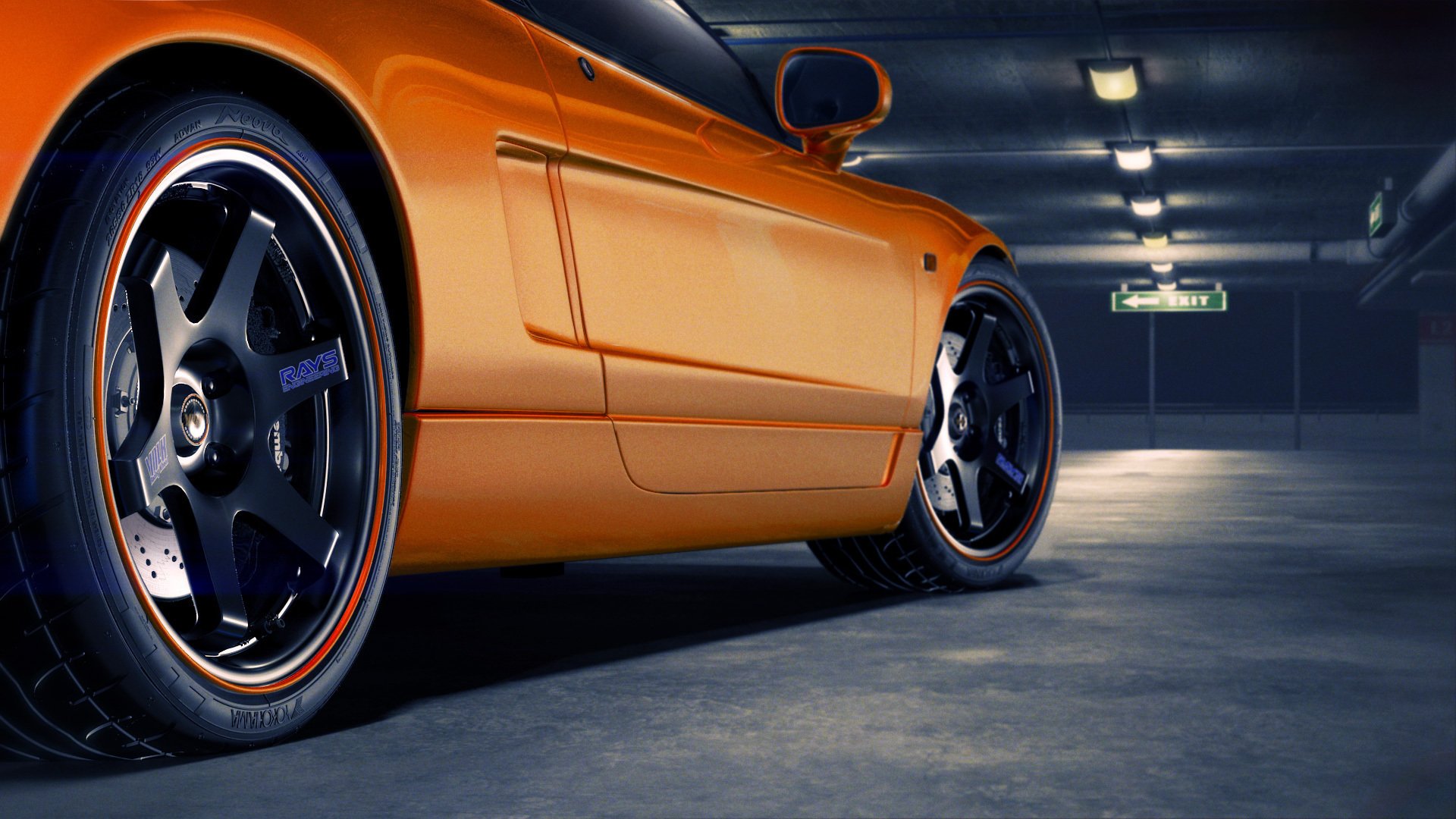 honda nsx orange hinten wolf yokohama fahren rad parken