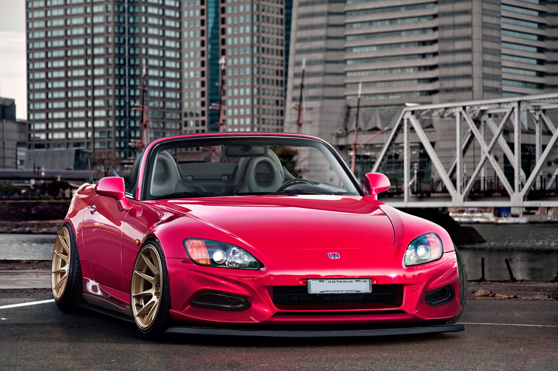 honda s2000 red front roadster bridge town