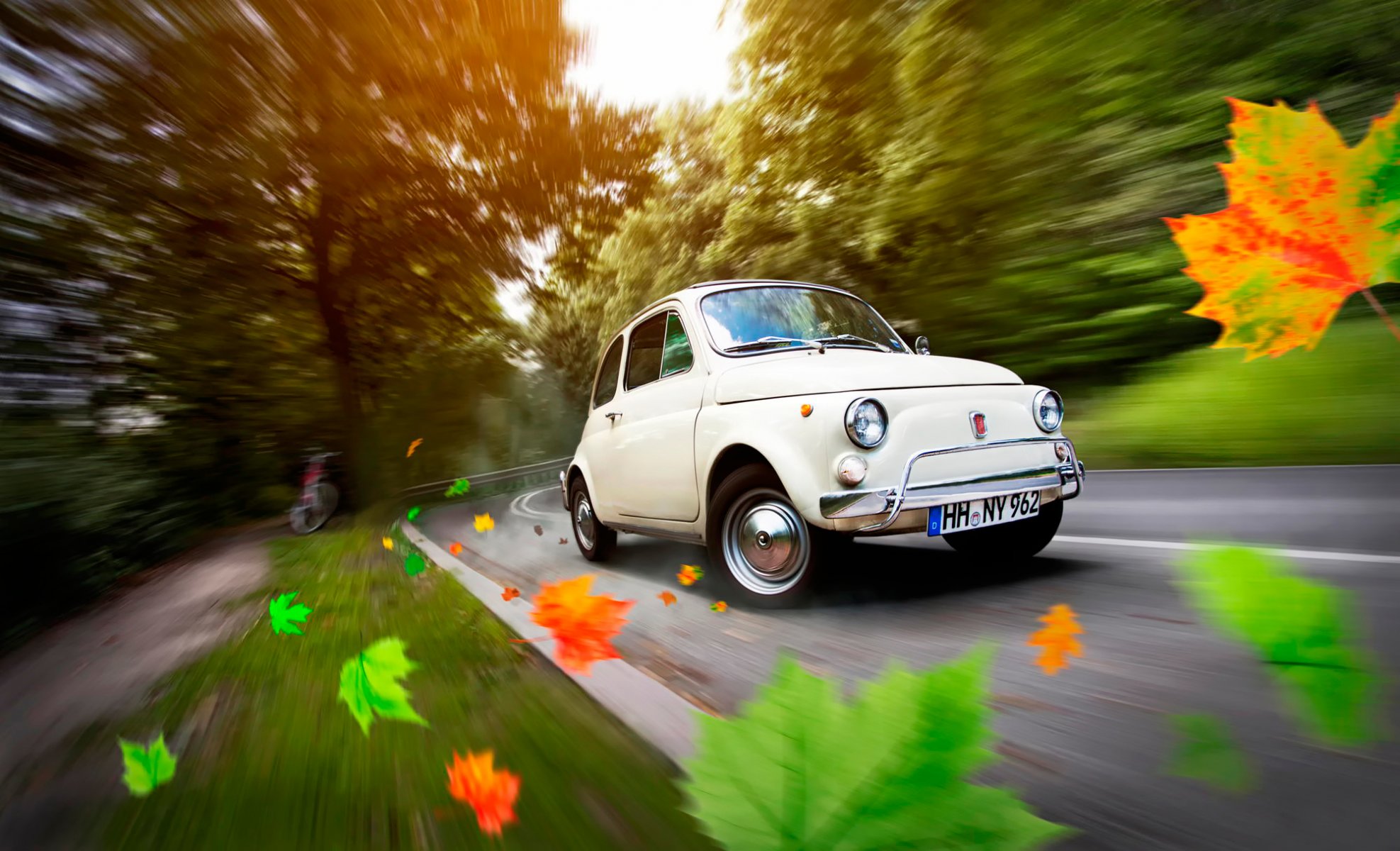 автомобиль fiat 500 дорога листья осень германия гамбург