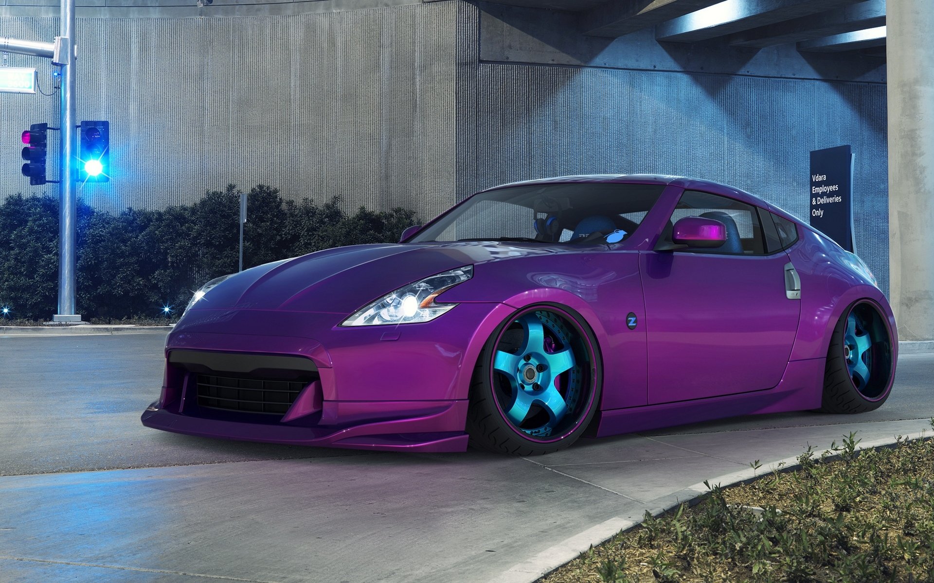 nissan 370 z violet lilas voiture auto nissan voiture violet violet lilas route tunnel feu de circulation