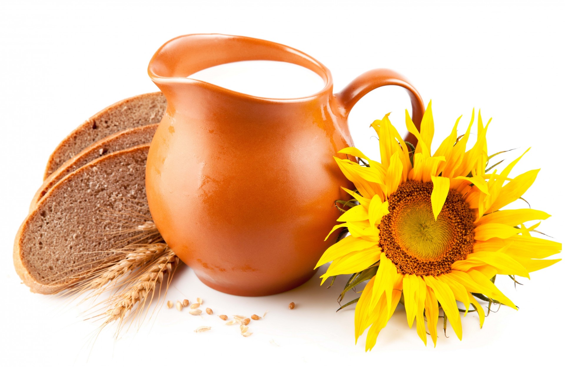 brot milch weißer hintergrund krug ähren sonnenblume