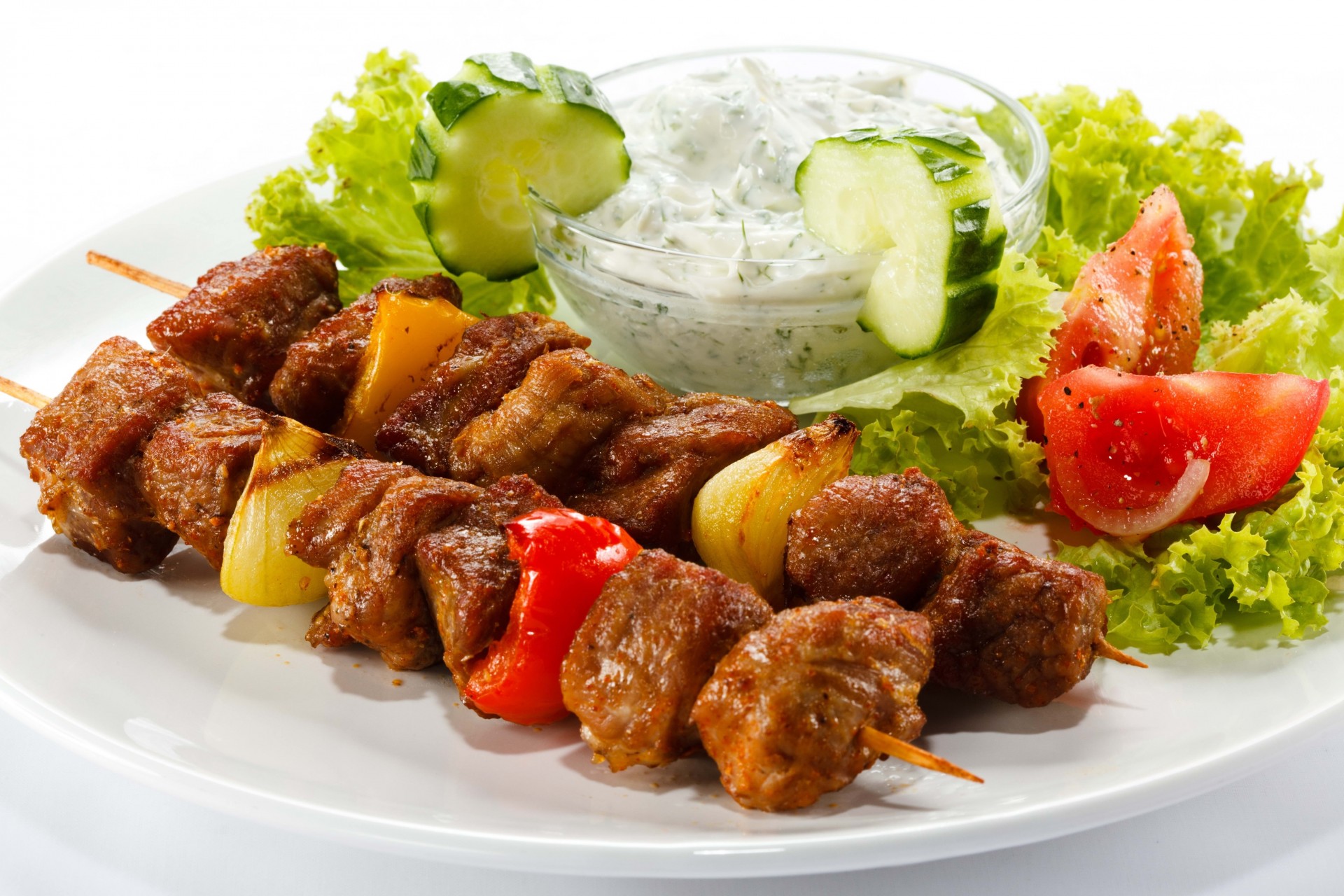 white background salad plate mayonnaise kebab