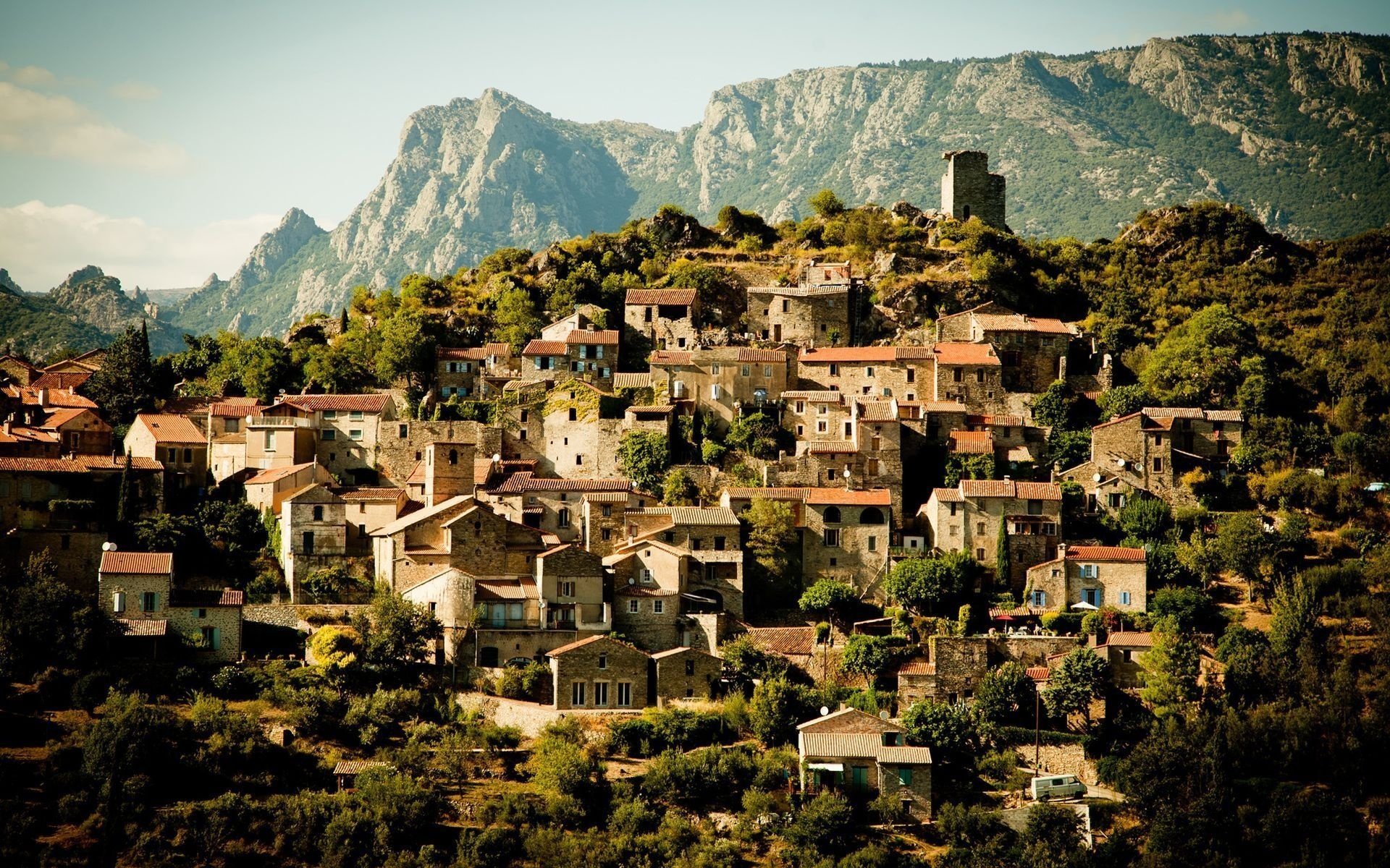 france landscape town mountains buildings france house