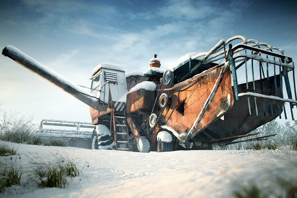 Je me suis assis sur le champ de rostselmash en hiver