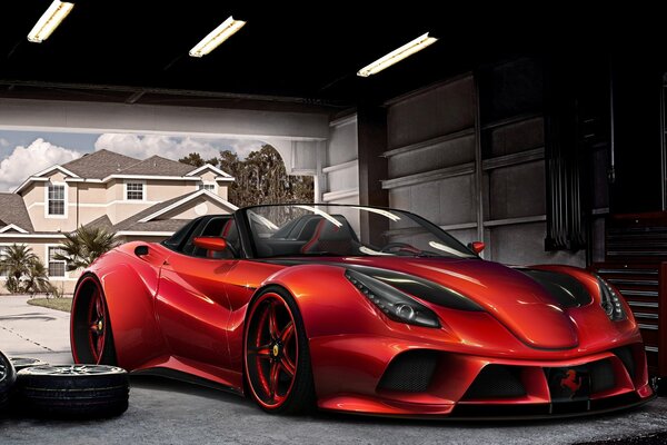 Ferrari F12 berlinetta tuning virtuale rosso in piedi in garage