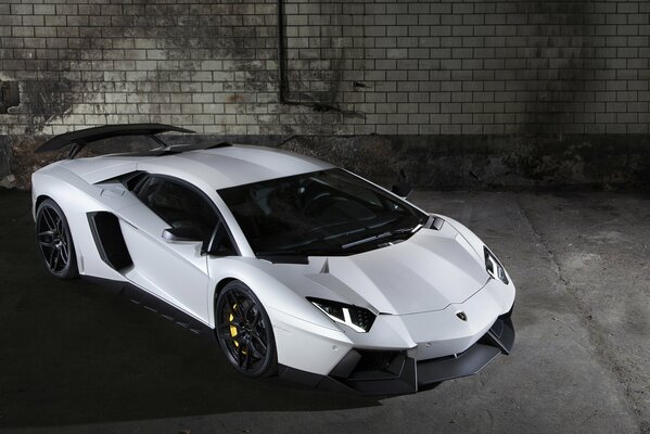 White Lamborghini car on a brick wall background