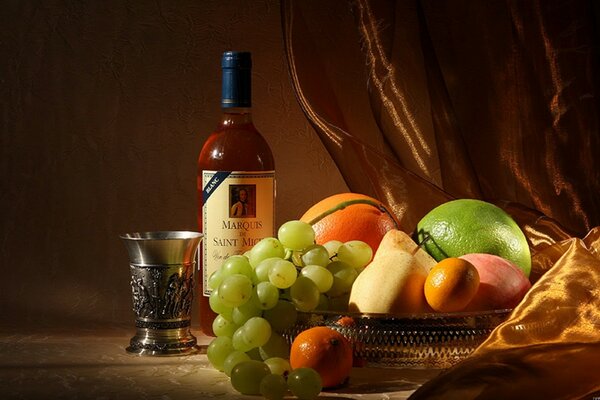 Bodegón con vino y fruta